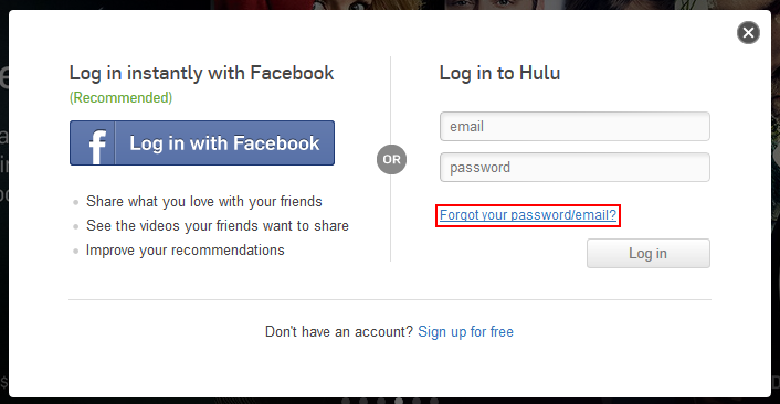 Hulu forgot password or email button