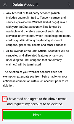WeChat terms for deleting account