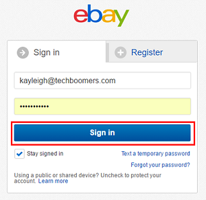 eBay sign in screen