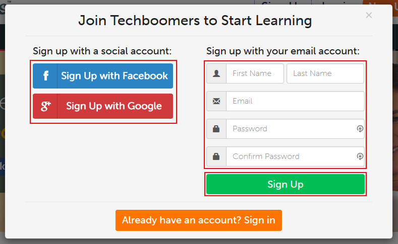 Techboomers account creation options
