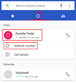 Unblock caller from call history