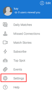 Android app Match user settings menu