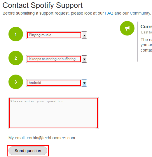 Filling out the Spotify contact form