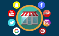 Social media app icons around a storefront