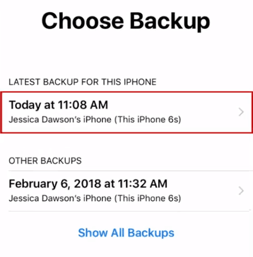 Select an iCloud backup to restore from