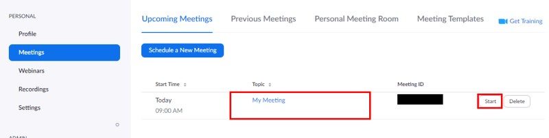 Browser meeting list with meeting and Start button