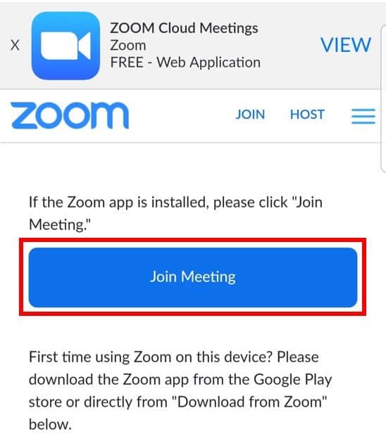 Mobile web browser with Join Meeting prompt