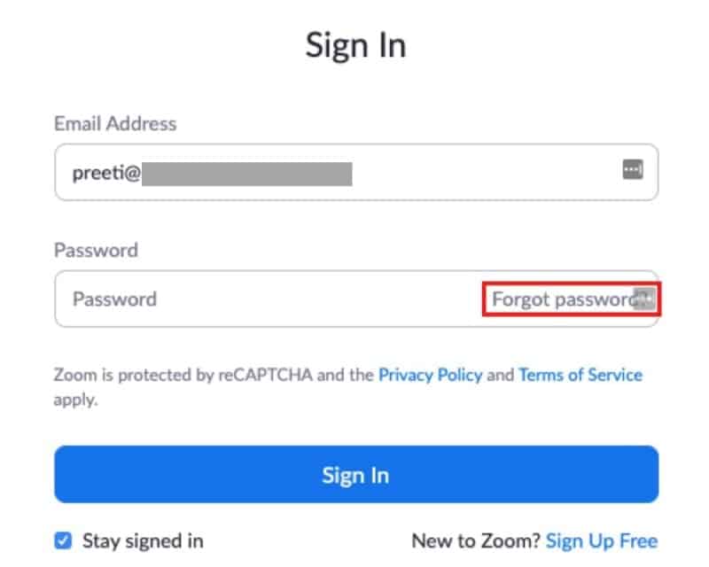 Zoom sign in page with Forgot Password option
