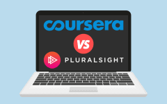 A laptop displaying Coursera vs. Pluralsight