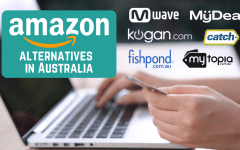 Amazon alternatives logos with person working on a laptop and holding credit card