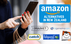 Woman holding shopping bag and phone background and NZ marketplaces logos